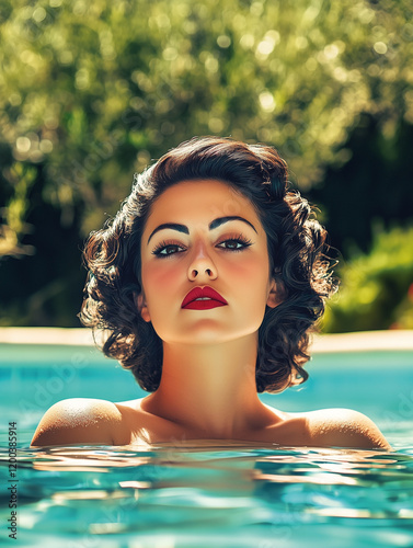 Obraz na płótnie Retro 1950s sensual brunette woman in swimming pool on a sunny summers day. w salonie