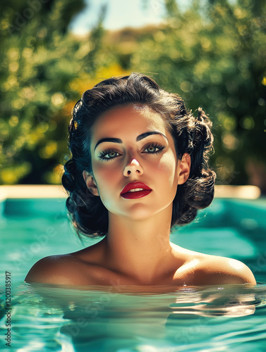 Obraz na płótnie Retro 1950s sensual brunette woman in swimming pool on a sunny summers day. w salonie