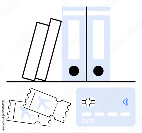 Airline tickets, chip-enabled credit card, and two office binders on a shelf. Ideal for travel planning, expense management, professional organization, office essentials, business trips, financial