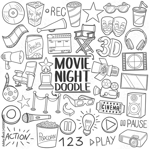Cinema Doodle Line Art Illustration. Hand Drawn Vector Clip Art.