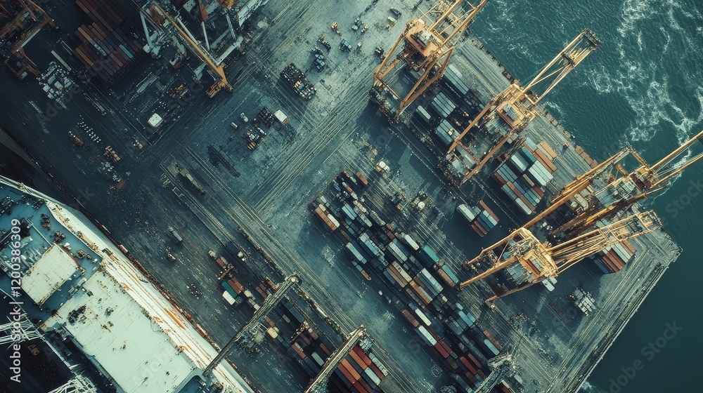 A bird’s-eye view of a bustling international port, cranes unloading massive container ships, global trade and commerce. A bird’s-eye view of a bustling international port, cranes unloading massive container ships, global trade and commerce.
