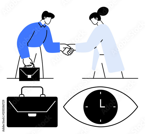 Two professionals exchanging a handshake, black briefcase, eye enclosing clock. Ideal for career, partnerships, collaboration, time management, workplace ethics, professional success abstract line photo