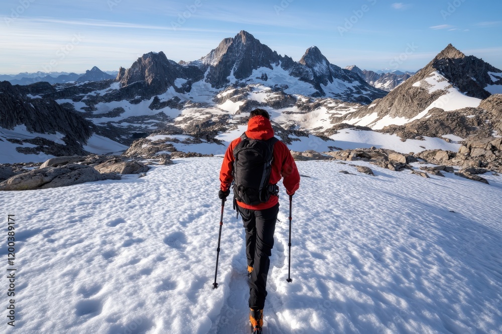 A solitary hiker dressed in vibrant red climbs through stunning snow-covered mountains, basking in the breathtaking beauty of nature's untouched wilderness. A solitary hiker dressed in vibrant red climbs through stunning snow-covered mountains, basking in the breathtaking beauty of nature's untouched wilderness.
