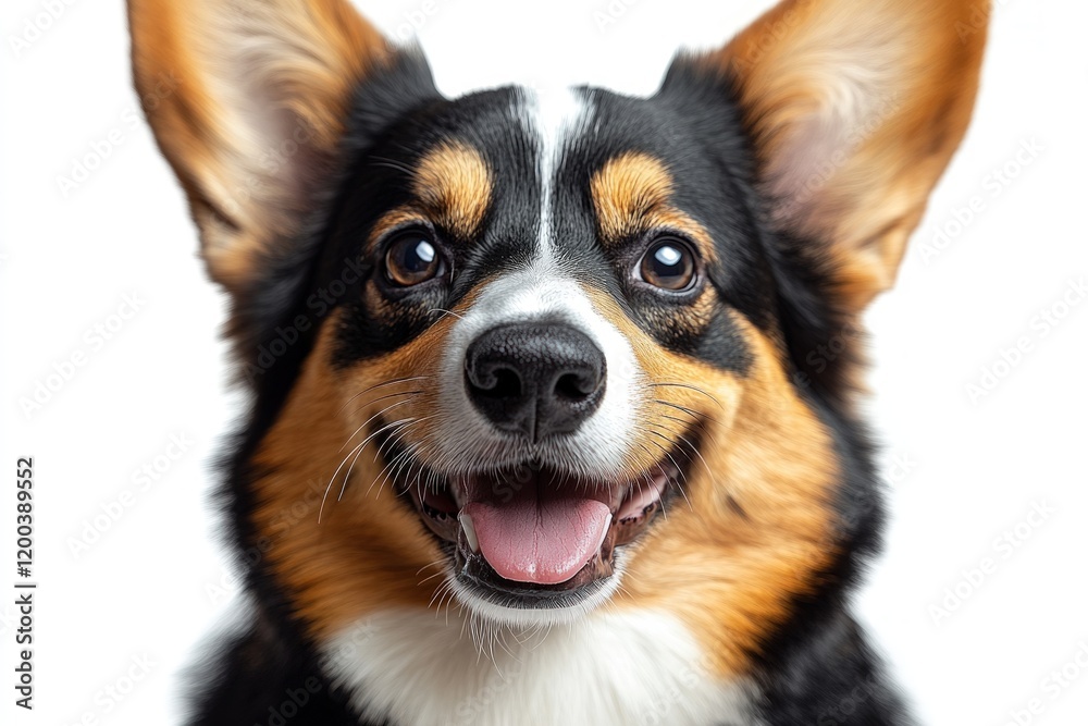 Fototapeta premium Happy corgi dog portrait, studio shot, white background, pet love