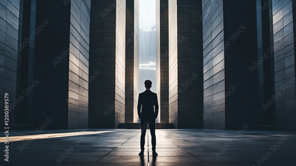 Fototapeta premium Elegant figure in modern suit stands before striking architectural design