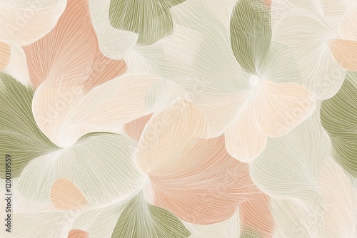 Seamless geometric floral pattern in soft pastel tones of beige and green with abstract leaves texture