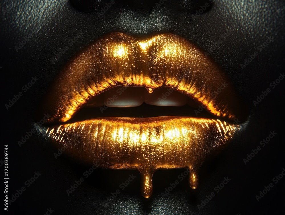 Luxurious Golden Lips Dripping Shimmering Gold with Hyper-Realistic Makeup on Dark Skin Luxurious Golden Lips Dripping Shimmering Gold with Hyper-Realistic Makeup on Dark Skin