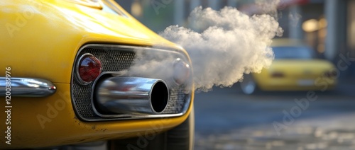 A detailed shot of the back of a yellow sports car as smoke emanates from its exhaust pipes. photo