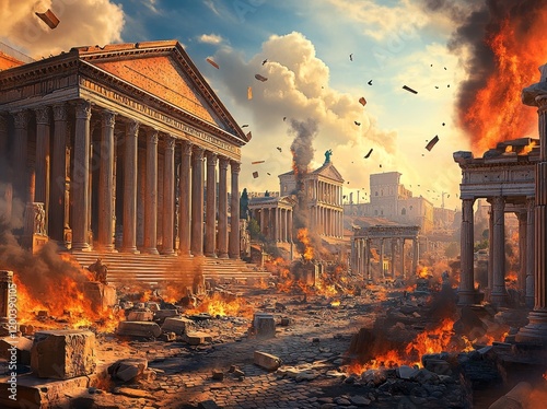 A once-grand Roman city is engulfed in fire and ruin. Majestic columns fall as fiery meteors descend from the sky, engulfing classical structures in chaos and smoke. photo