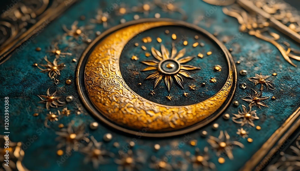 Close-up of ornate golden moon and sun celestial design on a teal textured surface.