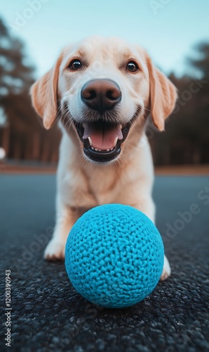 Happy Golden Retriever Puppy with Blue Textured Ball: Playful, Joyful Canine Portrait photo