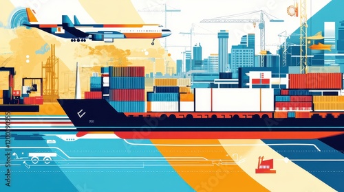 A colorful infographic-style depiction of global trade with ships, planes, and trucks, freight ecosystem concept .
