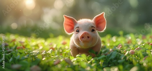 Wallpaper Mural Happy piglet in sunny meadow, green grass background.  Farm animal image Torontodigital.ca