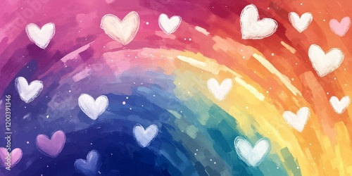 Colorful abstract background with white heart shapes in watercolor style