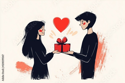 A stylized illustration of a couple exchanging a Valentine's Day gift with a heart symbol