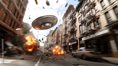 A dramatic explosion rocks a city when a UFO bursts, raining debris and fire everywhere, capturing the pandemonium in an awe-inspiring visual.