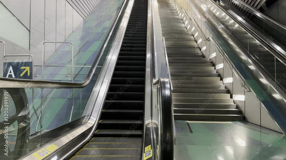Modern escalator and staircase in an indoor metro station. Urban architecture with metal and glass elements. Public transportation and infrastructure concept. Modern escalator and staircase in an indoor metro station. Urban architecture with metal and glass elements. Public transportation and infrastructure concept.