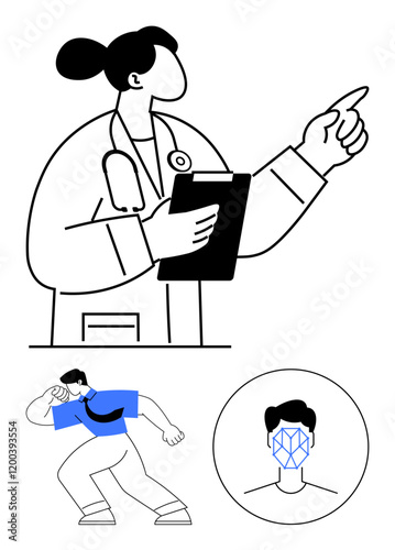 Wallpaper Mural Female doctor pointing while holding notes, a person performing stretches, and a facial recognition outline. Ideal for healthcare, fitness, AI, diagnostics, identity, biometrics teamwork abstract Torontodigital.ca