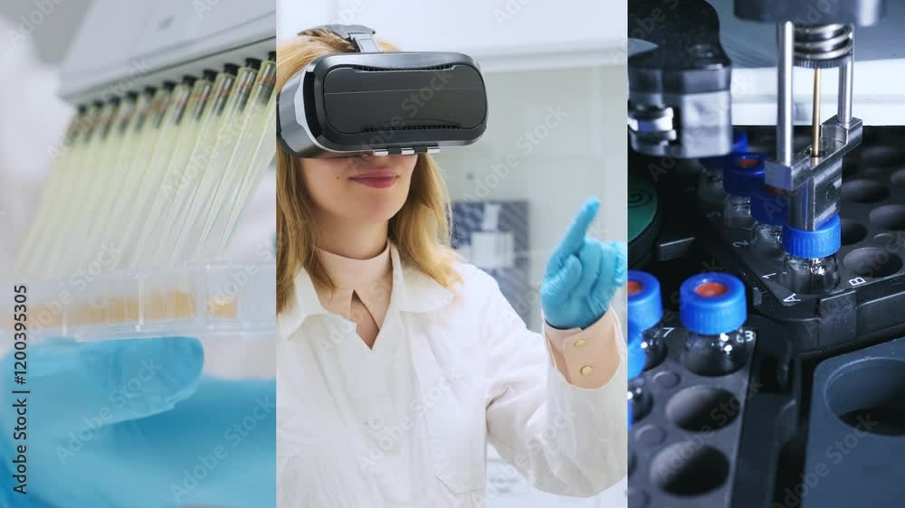 Modern bio-scientific lab, the scientist operates a microchannel pipette, works with a microplate, and utilizes a VR application and HPLC analysis