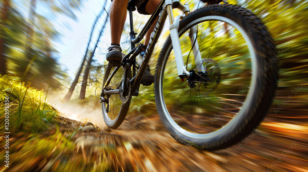 Fototapeta premium A cyclist speeds through a lush forest trail, creating a cloud of dust while enjoying the thrill of outdoor biking on a sunny day - Generative AI