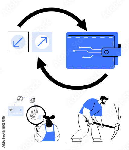 Digital wallet with exchange arrows indicating inflow and outflow, person mining cryptocurrency, and magnifying glass examining transaction. Ideal for cryptocurrency, digital finance, blockchain