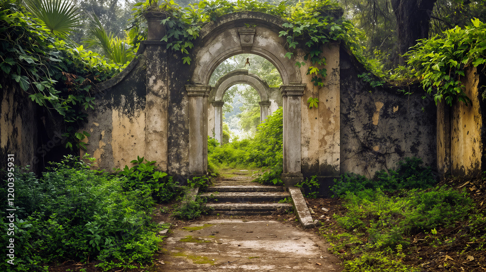 Fototapeta premium A forgotten archway is surrounded by dense greenery, revealing a narrow pathway that invites exploration through the enchanting ruins in the morning glow - Generative AI