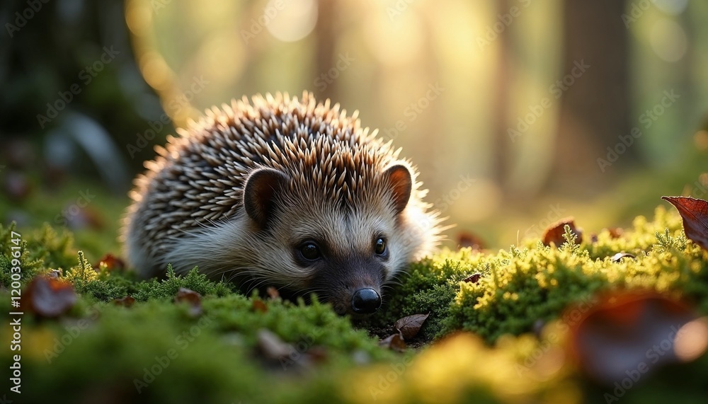 Fototapeta premium The hedgehog hid on the green moss in a quiet forest, soft rays of sun breaking through the trees.
