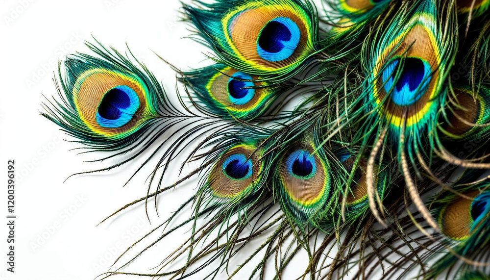 Obraz premium Colorful peacock feathers arranged elegantly for decorative purposes