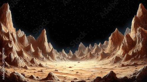 Stunning Martian Landscape with Rugged Mountains and Desert Terrain Under Starry Night Sky - Explore Alien Planetary Surface with Craters and Valleys photo