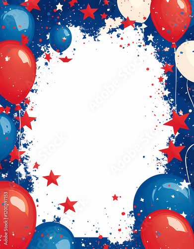 A blank card with an American-themed background, featuring red, white, and blue balloons, as well as stars around the border of the page