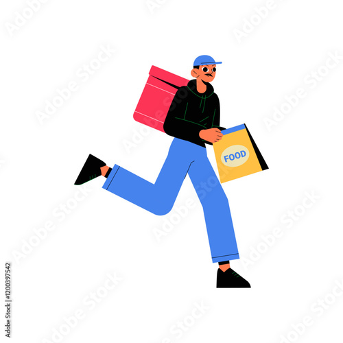 Running Delivery Worker With Food Package In Flat Vector Illustration Symbolizing Quick Service, Food Delivery, And Urban Logistics, Isolated On White Background.