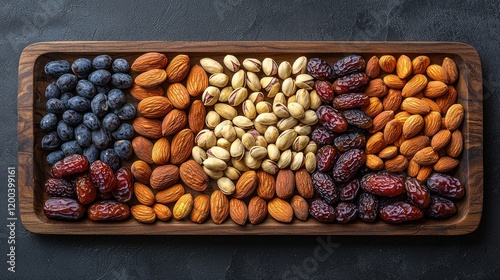 Assorted Nuts and Dried Fruits on Wooden Tray