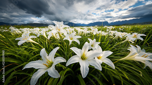 cinematic wide angle shot of white rain lilies blooming in lush green field under dramatic sky photo