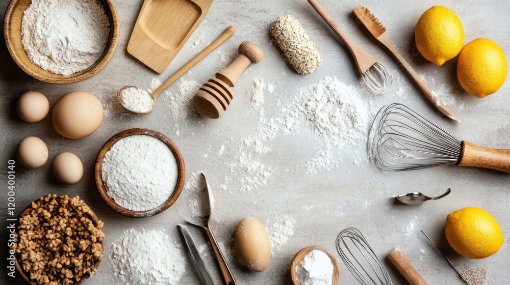 Baking essentials arranged on a flour-dusted surface Baking essentials arranged on a flour-dusted surface