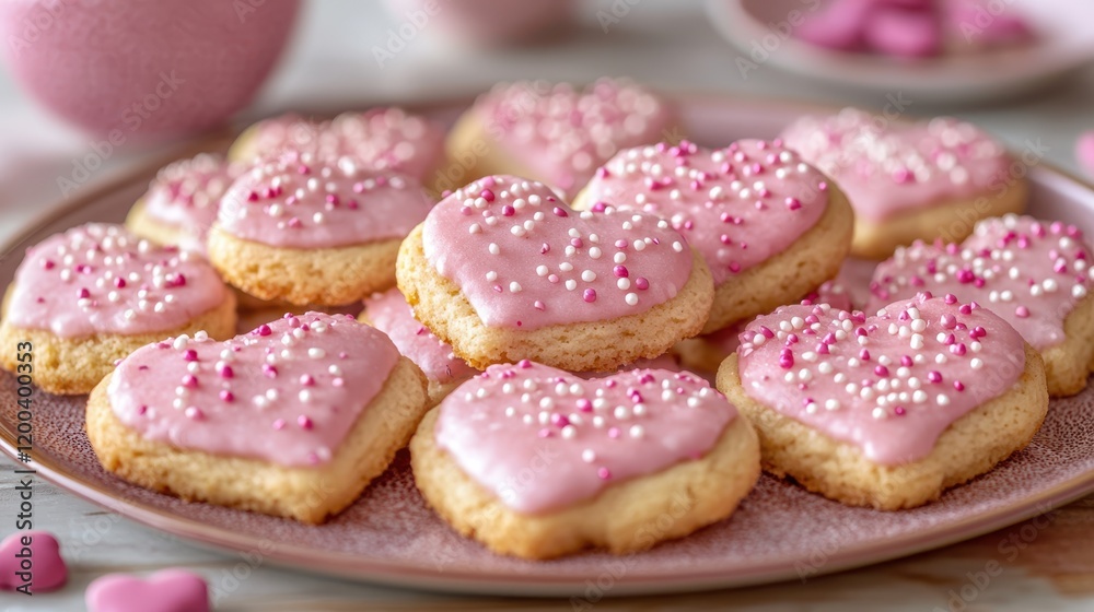 A delightful plate of heart-shaped cookies, adorned with pink frosting and colorful sprinkles, perfect for sharing love on Valentine's Day. A delightful plate of heart-shaped cookies, adorned with pink frosting and colorful sprinkles, perfect for sharing love on Valentine's Day.
