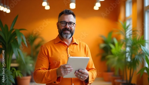 Man in glasses with a tablet computer in bright orange office with plants