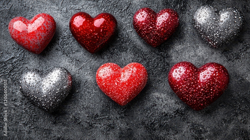 Obraz premium A cascade of shimmering red and silver hearts dances across a soft gray backdrop, creating a romantic and enchanting atmosphere perfect for Valentine's Day.