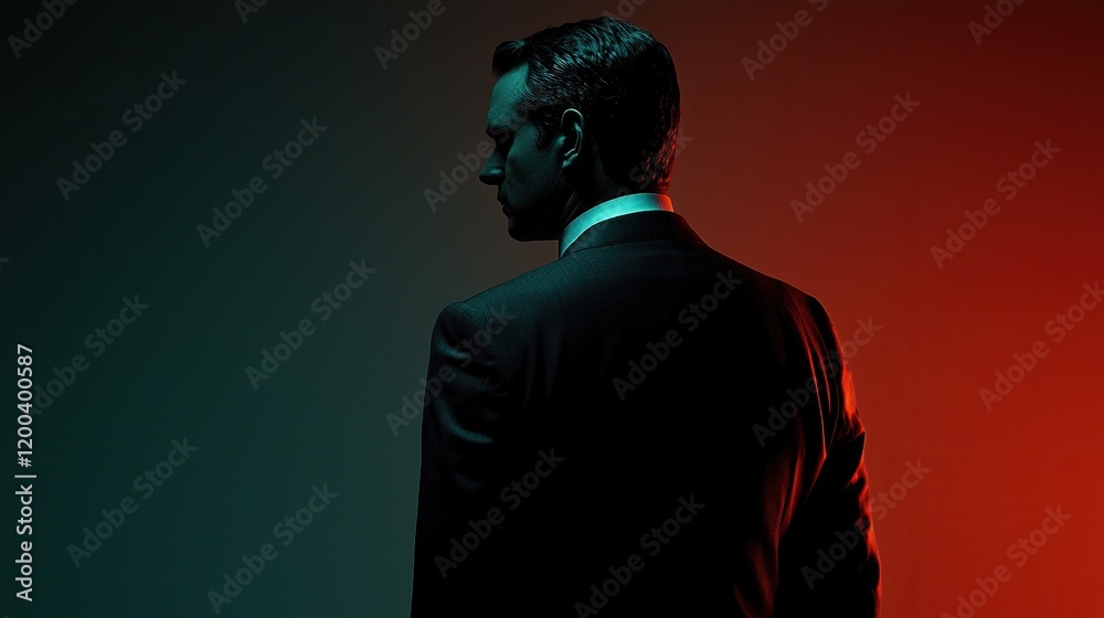 Person in a suit stands against a gradient background with dramatic lighting effects Person in a suit stands against a gradient background with dramatic lighting effects
