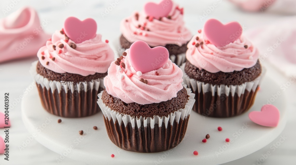 Indulge in a trio of delightful cupcakes, adorned with luscious pink frosting and charming heart decorations, perfect for sharing love this Valentine's Day. Indulge in a trio of delightful cupcakes, adorned with luscious pink frosting and charming heart decorations, perfect for sharing love this Valentine's Day.