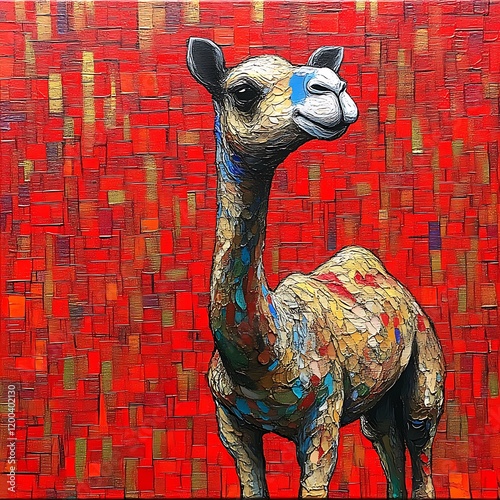 Camel Portrait: A Vibrant Impasto Painting on Red photo