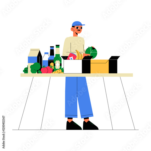 Grocery Vendor At Table With Fresh Produce In Flat Vector Illustration Symbolizing Market, Food Retail, And Small Business, Isolated On White Background.