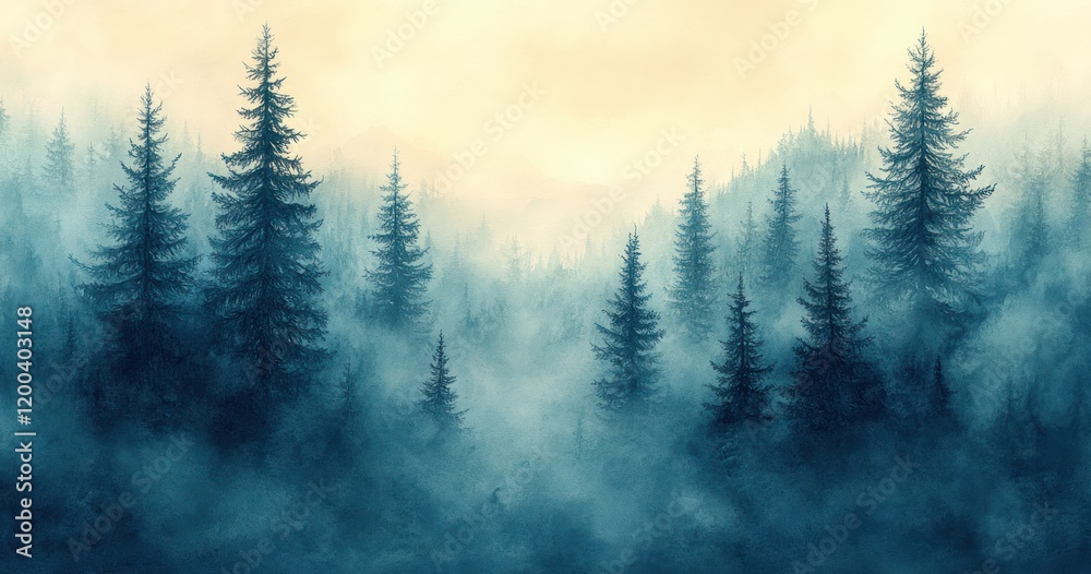 Ethereal Pine Forest Shrouded in Mist and Snowy Landscape for Wall Mural Design Ethereal Pine Forest Shrouded in Mist and Snowy Landscape for Wall Mural Design