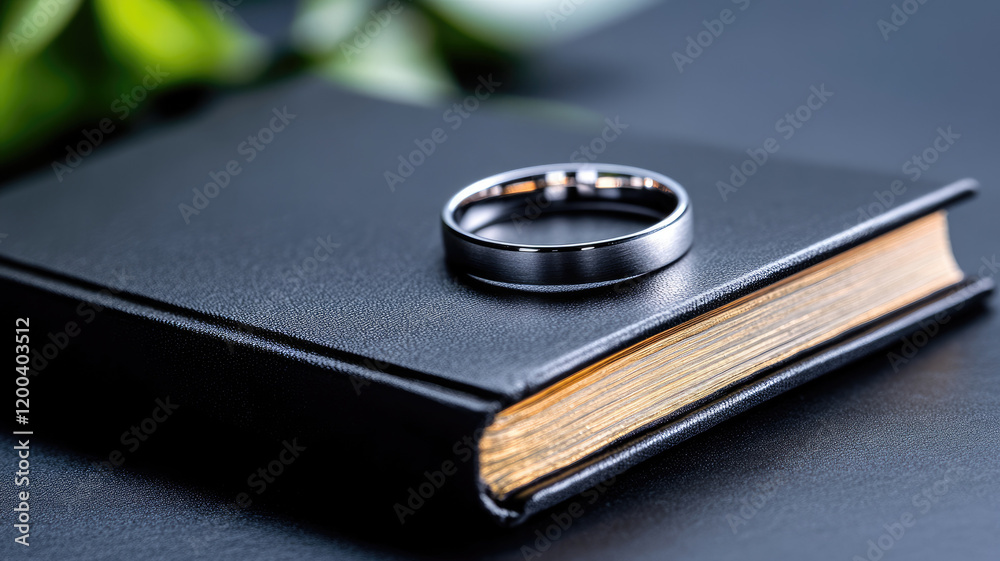 Silver ring on closed black book with blurred background Silver ring on closed black book with blurred background