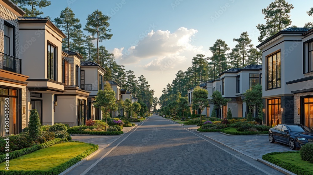 Suburban street, evening, homes, trees, sunset, real estate, brochure Suburban street, evening, homes, trees, sunset, real estate, brochure