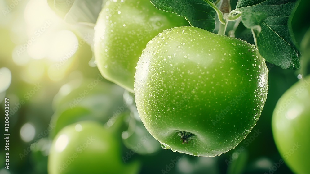 Close-up view of freshly picked green apples, vivid details of skin and stem, natural outdoor lighting, fresh produce and health concept Close-up view of freshly picked green apples, vivid details of skin and stem, natural outdoor lighting, fresh produce and health concept