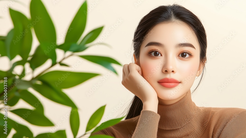 Elegant Portrait of a Young Woman with Natural Makeup in a Brown Turtleneck, Posing Thoughtfully Next to Green Leaves, Exuding Grace, Simplicity, and Modern Aesthetic Charm Elegant Portrait of a Young Woman with Natural Makeup in a Brown Turtleneck, Posing Thoughtfully Next to Green Leaves, Exuding Grace, Simplicity, and Modern Aesthetic Charm