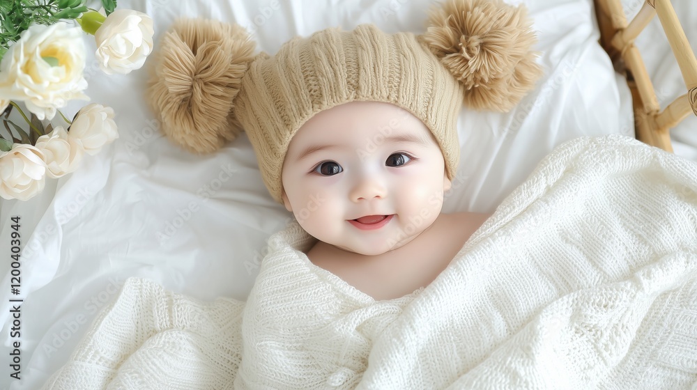 A cute baby smiling in a cozy knitted beige pom-pom hat, wrapped in a soft white blanket with flowers gently surrounding them A cute baby smiling in a cozy knitted beige pom-pom hat, wrapped in a soft white blanket with flowers gently surrounding them