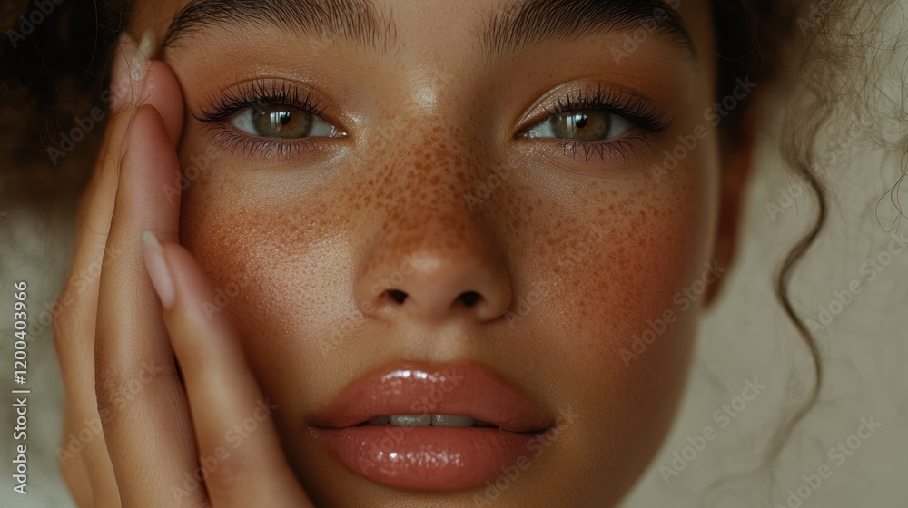 Close-up Portrait of a Woman with Freckles and Curly Hair Close-up Portrait of a Woman with Freckles and Curly Hair