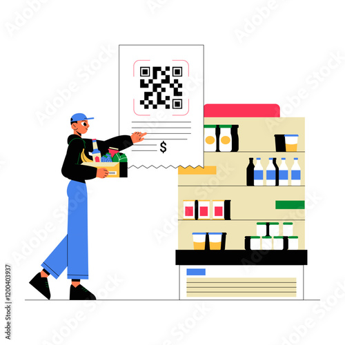 Male Shopper Scanning QR Code In Flat Vector Illustration Symbolizing Digital Payment, Shopping Convenience, And Technology, Isolated On White Background