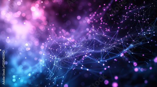 Futuristic Digital Network Illustration with Purple and Blue Abstract Lines and Nodes